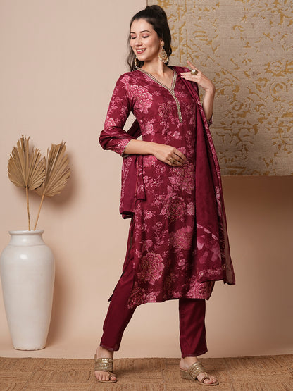 Floral Printed & Embroidered Straight Fit Kurta with Pant & Dupatta - Maroon