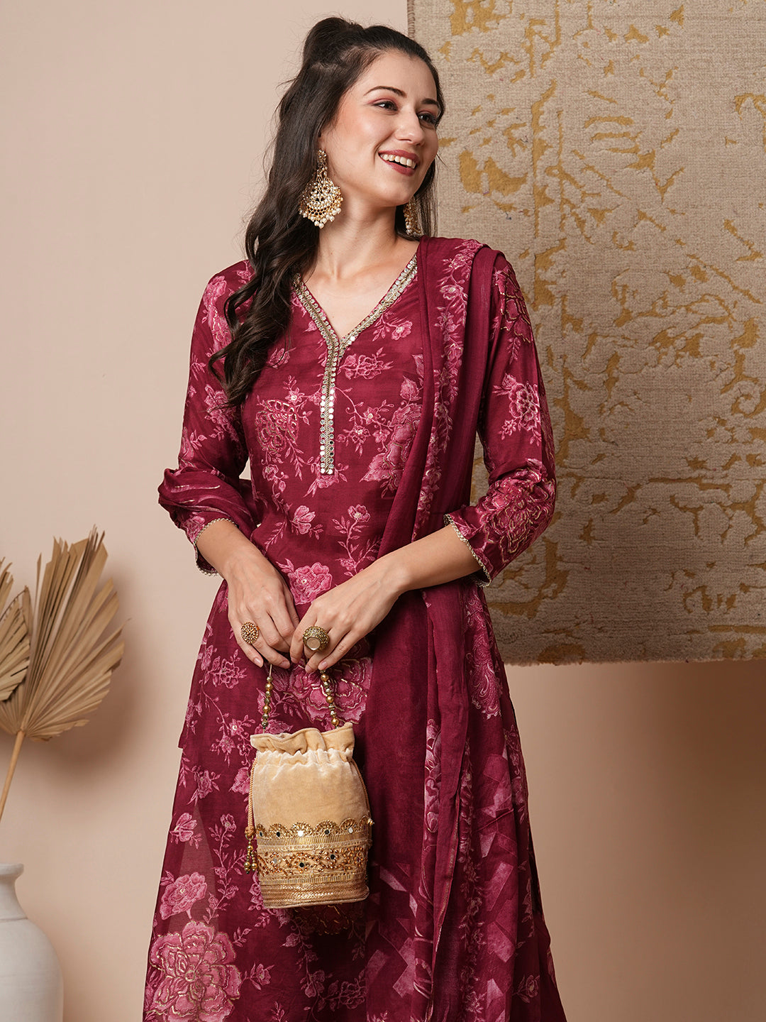 Floral Printed & Embroidered Straight Fit Kurta with Pant & Dupatta - Maroon