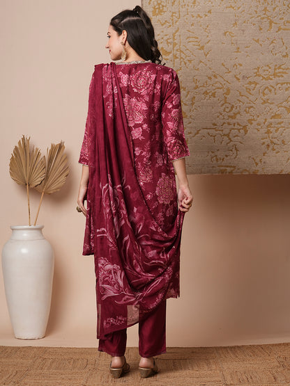 Floral Printed & Embroidered Straight Fit Kurta with Pant & Dupatta - Maroon