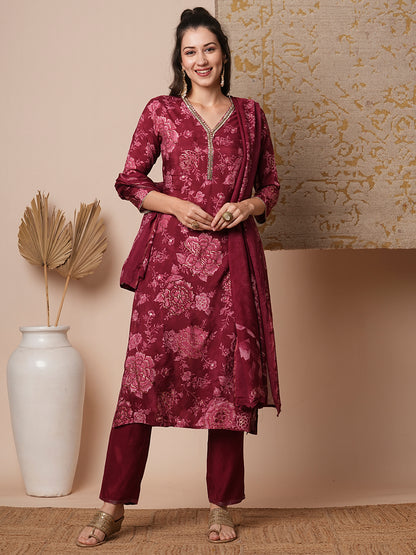 Floral Printed & Embroidered Straight Fit Kurta with Pant & Dupatta - Maroon