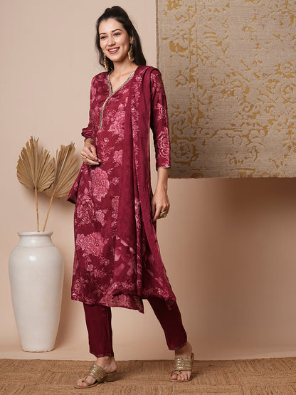 Floral Printed & Embroidered Straight Fit Kurta with Pant & Dupatta - Maroon