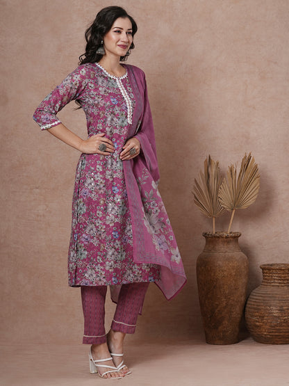 Ethnic Floral Printed Straight Fit Kurta with Pant & Dupatta - Mauve