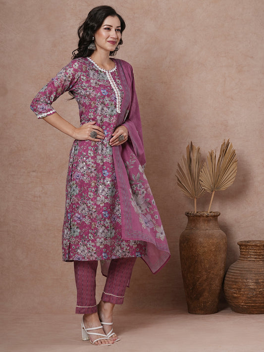 Ethnic Floral Printed Straight Fit Kurta with Pant & Dupatta - Mauve