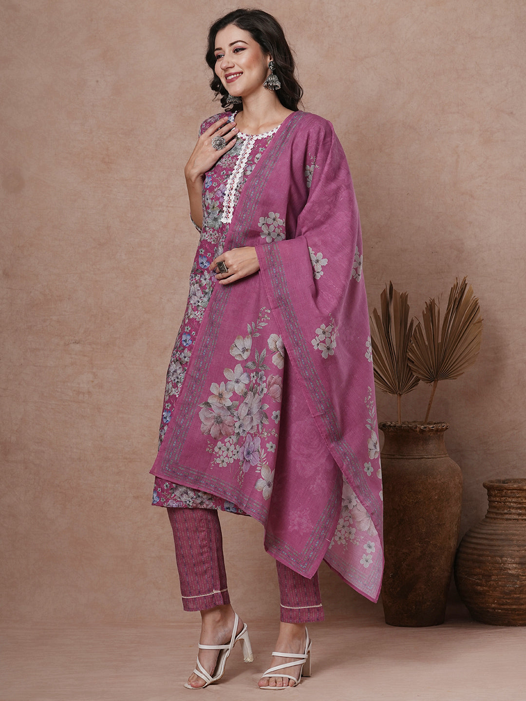 Ethnic Floral Printed Straight Fit Kurta with Pant & Dupatta - Mauve