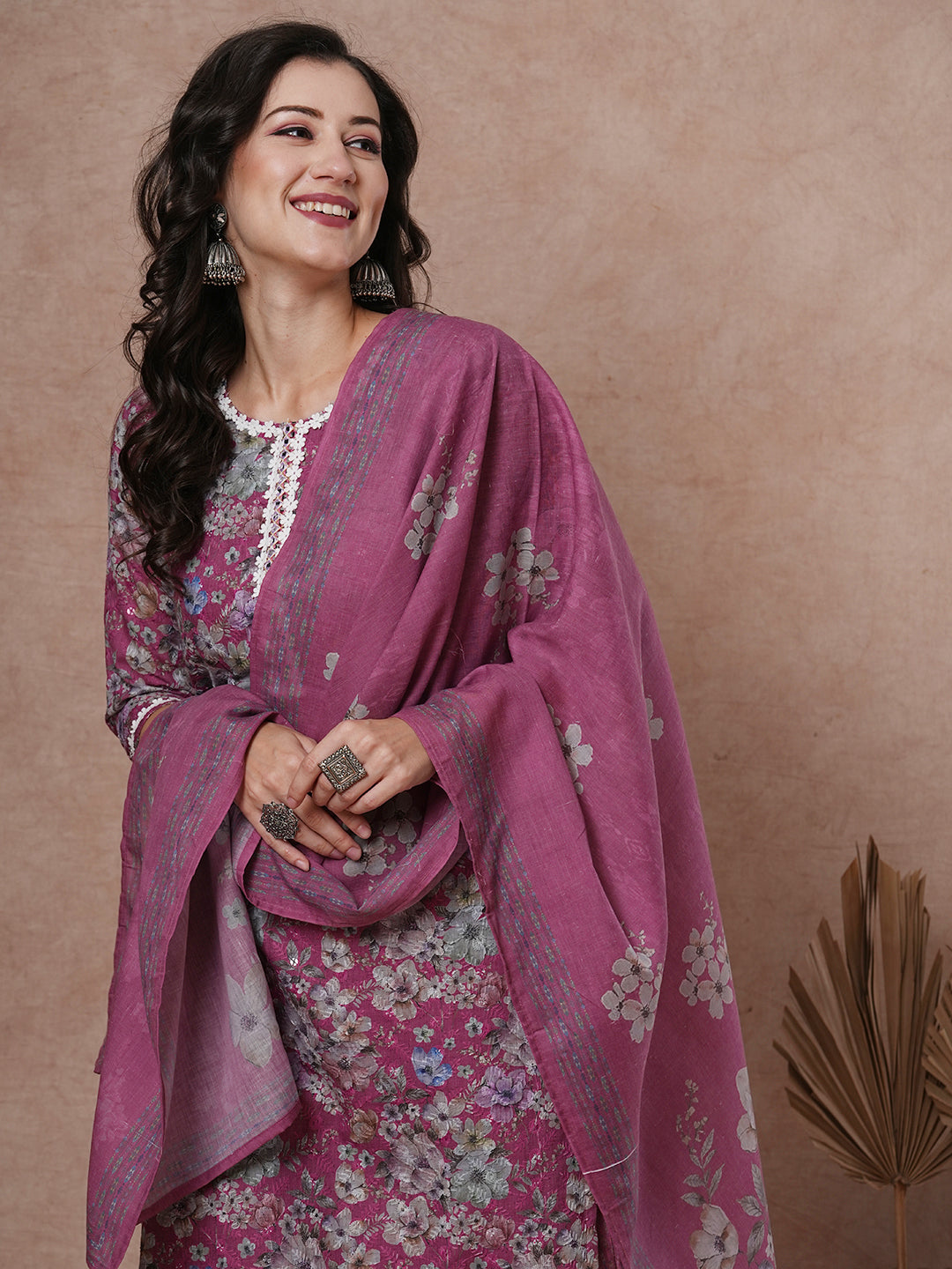 Ethnic Floral Printed Straight Fit Kurta with Pant & Dupatta - Mauve