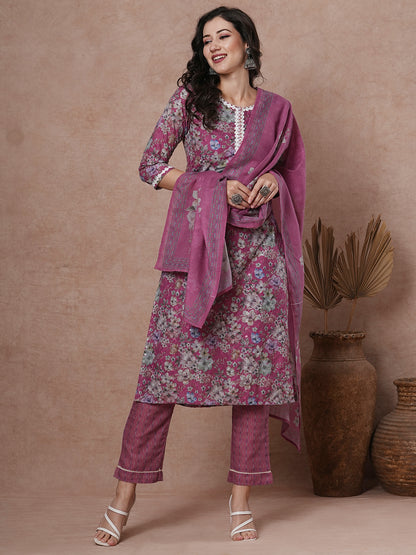 Ethnic Floral Printed Straight Fit Kurta with Pant & Dupatta - Mauve