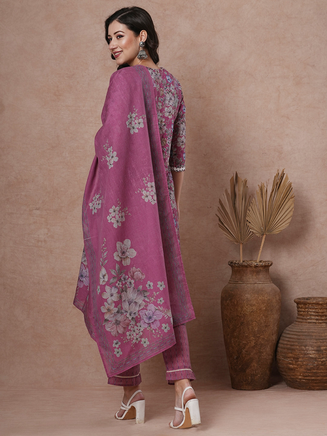 Ethnic Floral Printed Straight Fit Kurta with Pant & Dupatta - Mauve