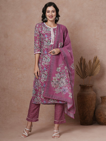 Ethnic Floral Printed Straight Fit Kurta with Pant & Dupatta - Mauve