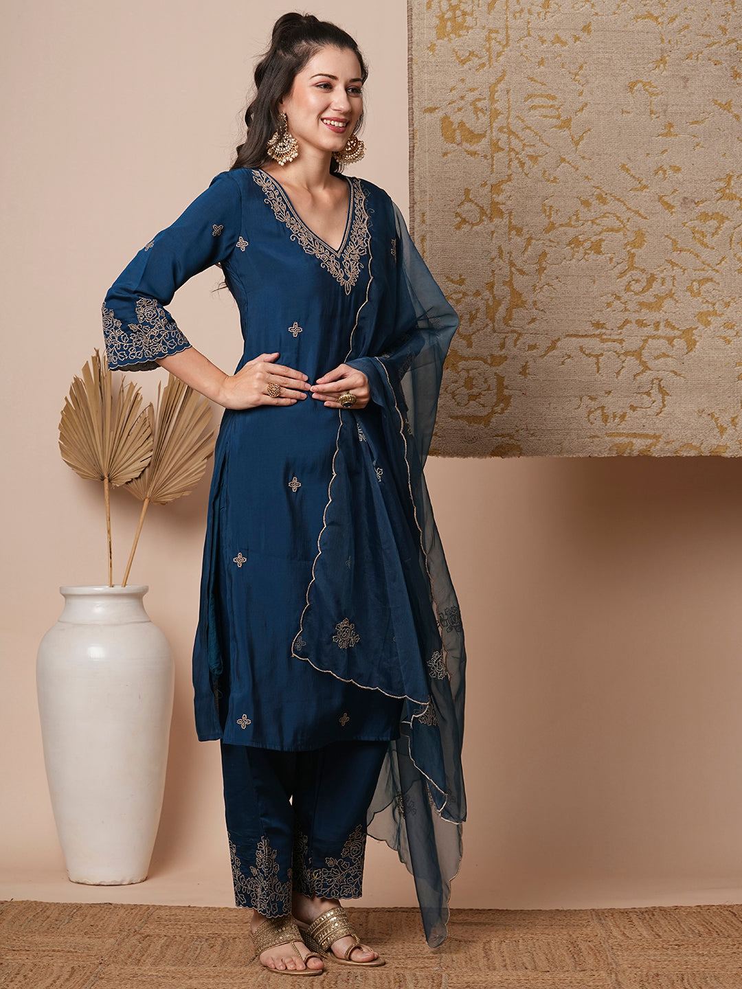 Solid Floral Embroidered Straight Fit Kurta with Palazzo & Dupatta - Teal Blue