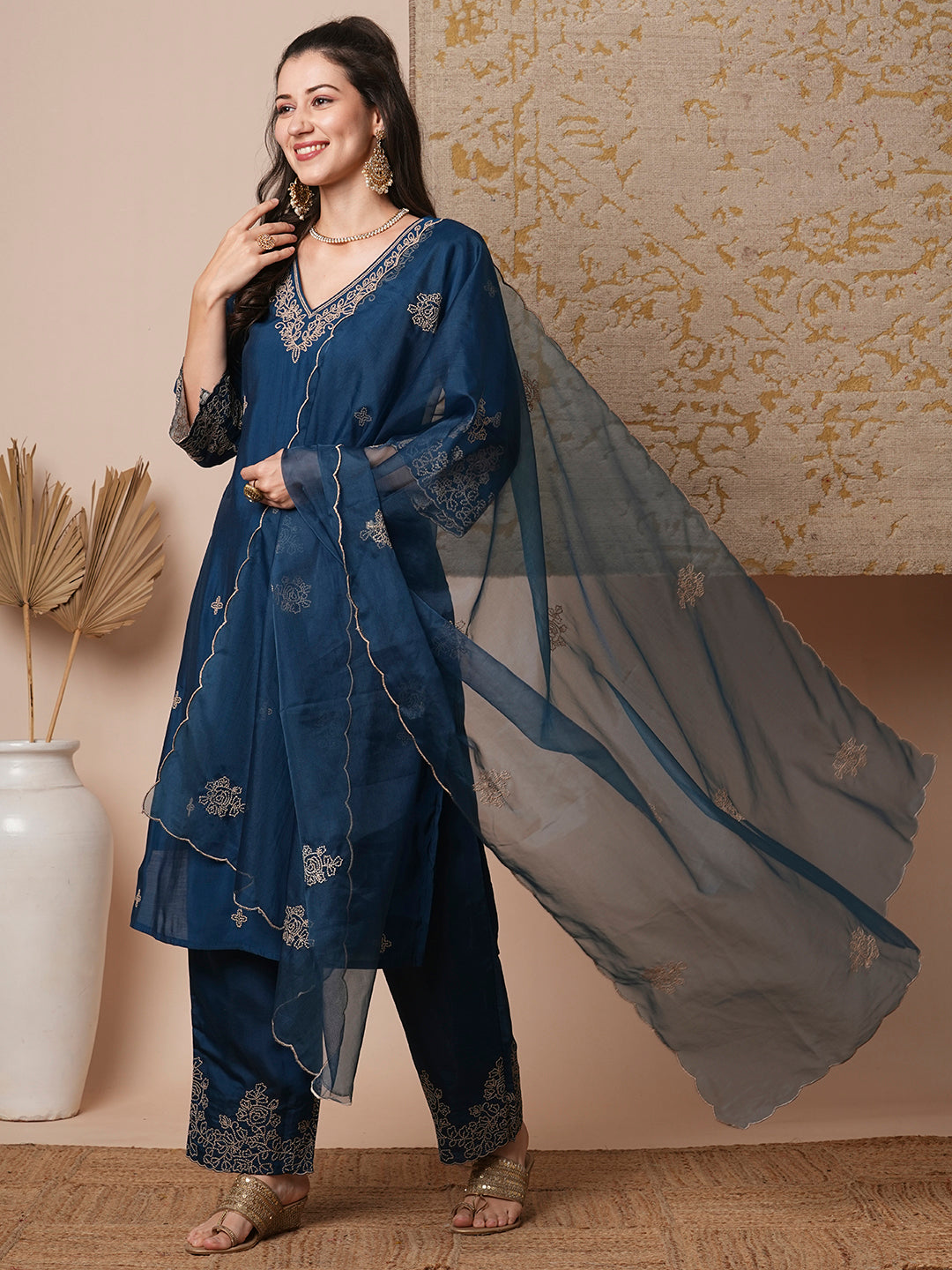 Solid Floral Embroidered Straight Fit Kurta with Palazzo & Dupatta - Teal Blue