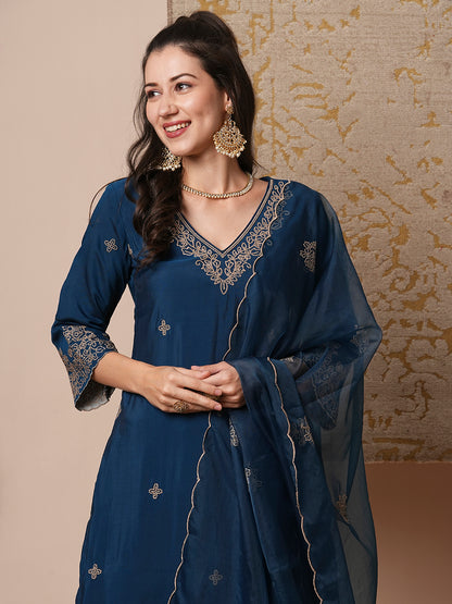 Solid Floral Embroidered Straight Fit Kurta with Palazzo & Dupatta - Teal Blue