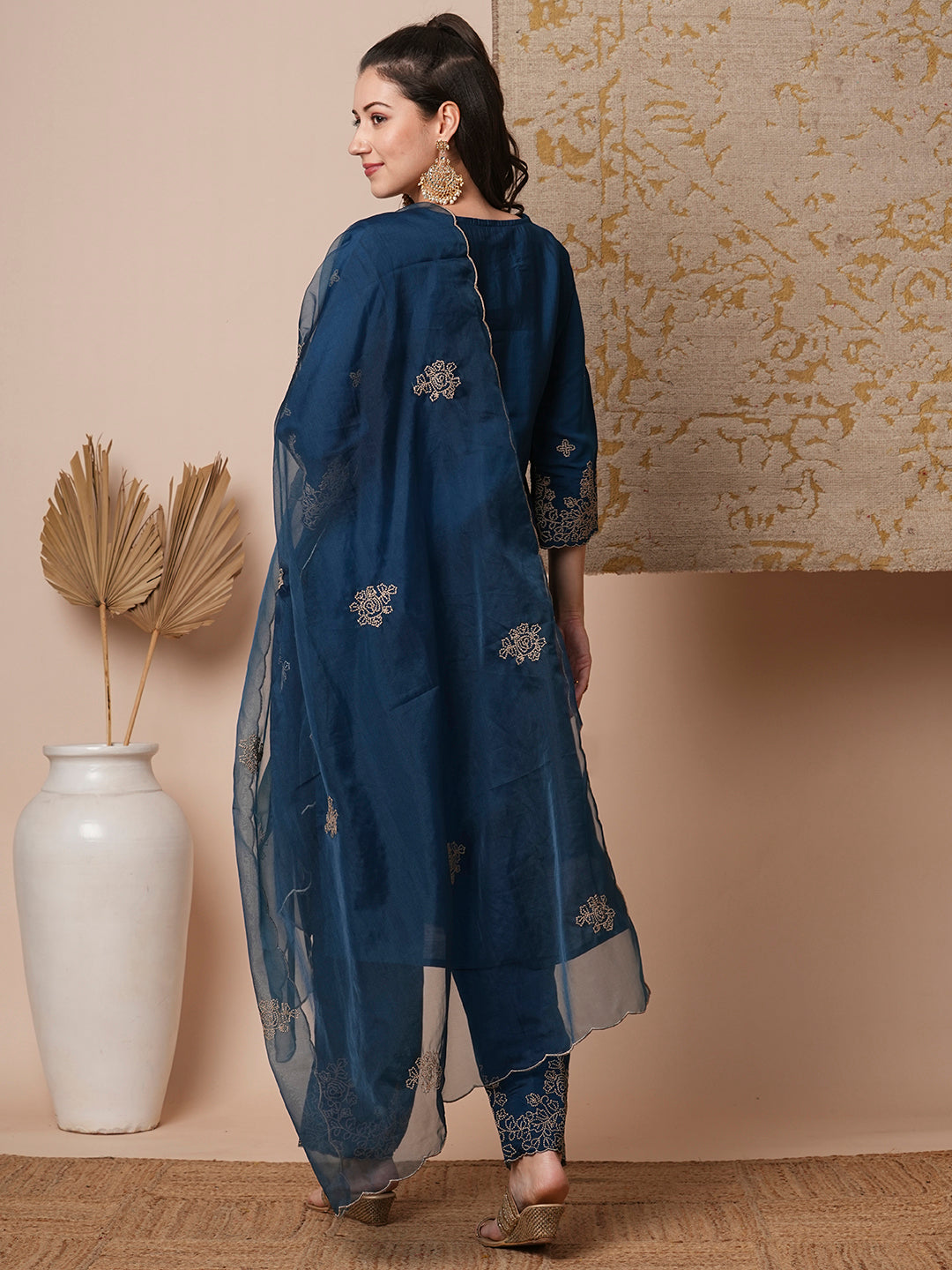 Solid Floral Embroidered Straight Fit Kurta with Palazzo & Dupatta - Teal Blue