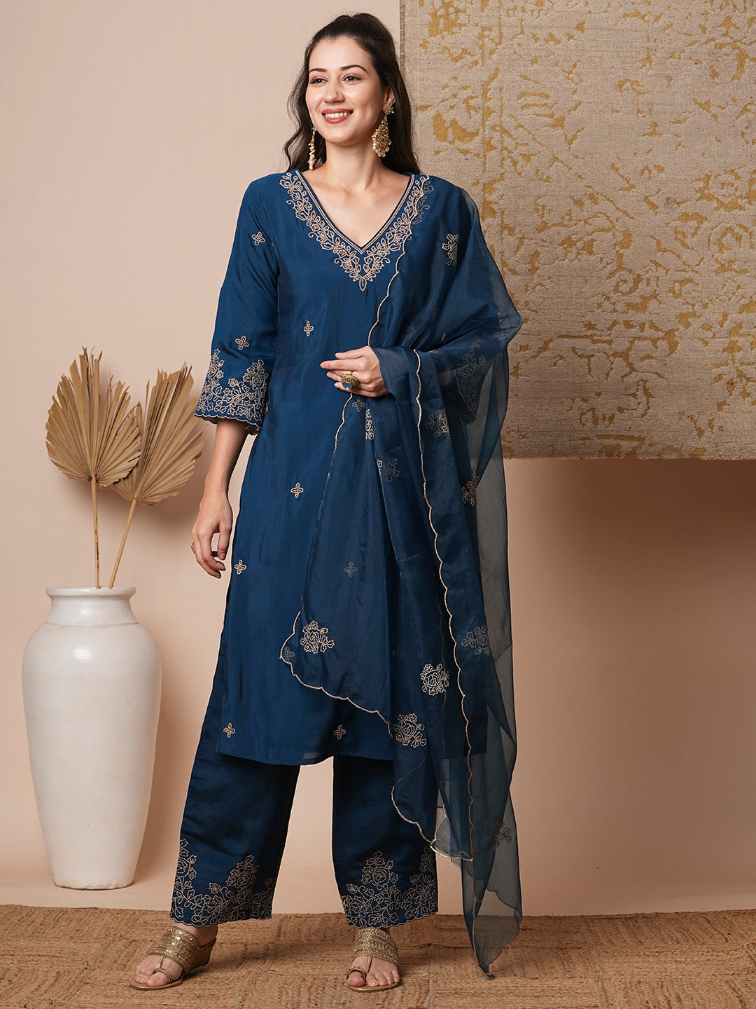 Solid Floral Embroidered Straight Fit Kurta with Palazzo & Dupatta - Teal Blue