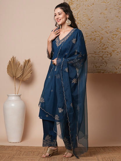 Solid Floral Embroidered Straight Fit Kurta with Palazzo & Dupatta - Teal Blue