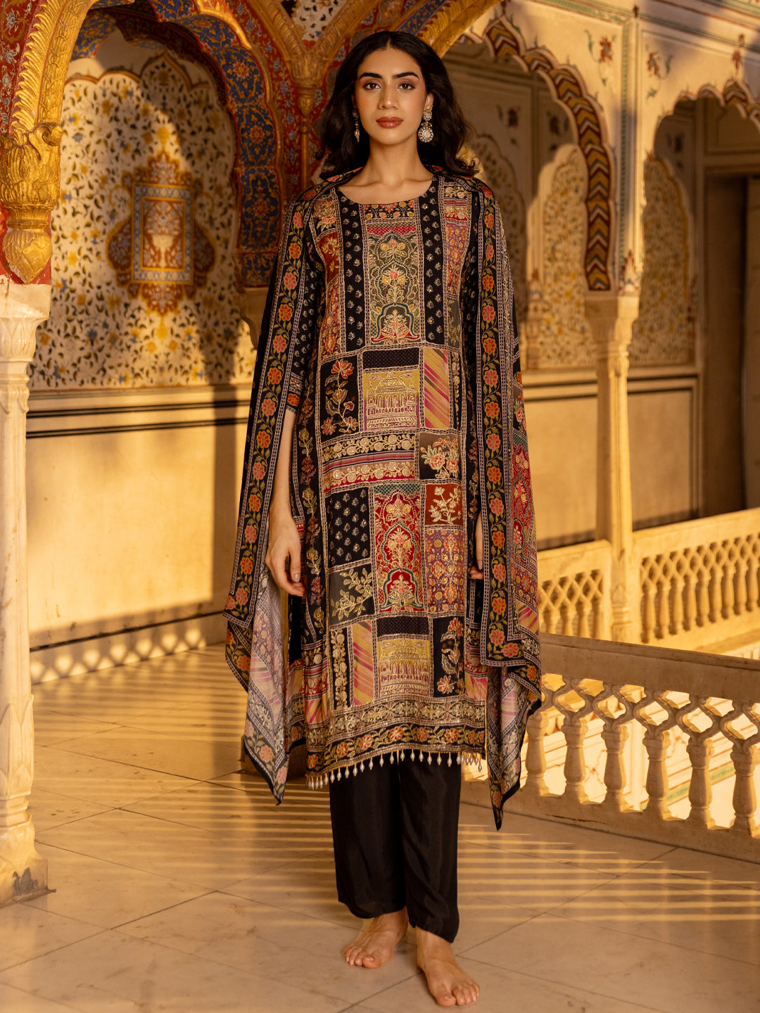 Ethnic Floral Printed & Embroidered Straight Kurta with Pant & Dupatta - Charcoal