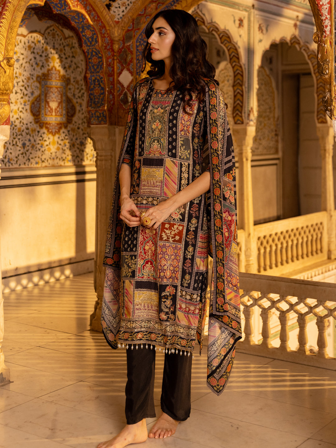 Ethnic Floral Printed & Embroidered Straight Kurta with Pant & Dupatta - Charcoal