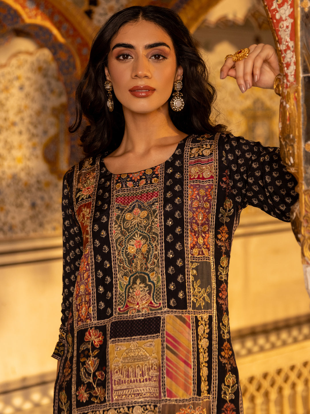 Ethnic Floral Printed & Embroidered Straight Kurta with Pant & Dupatta - Charcoal