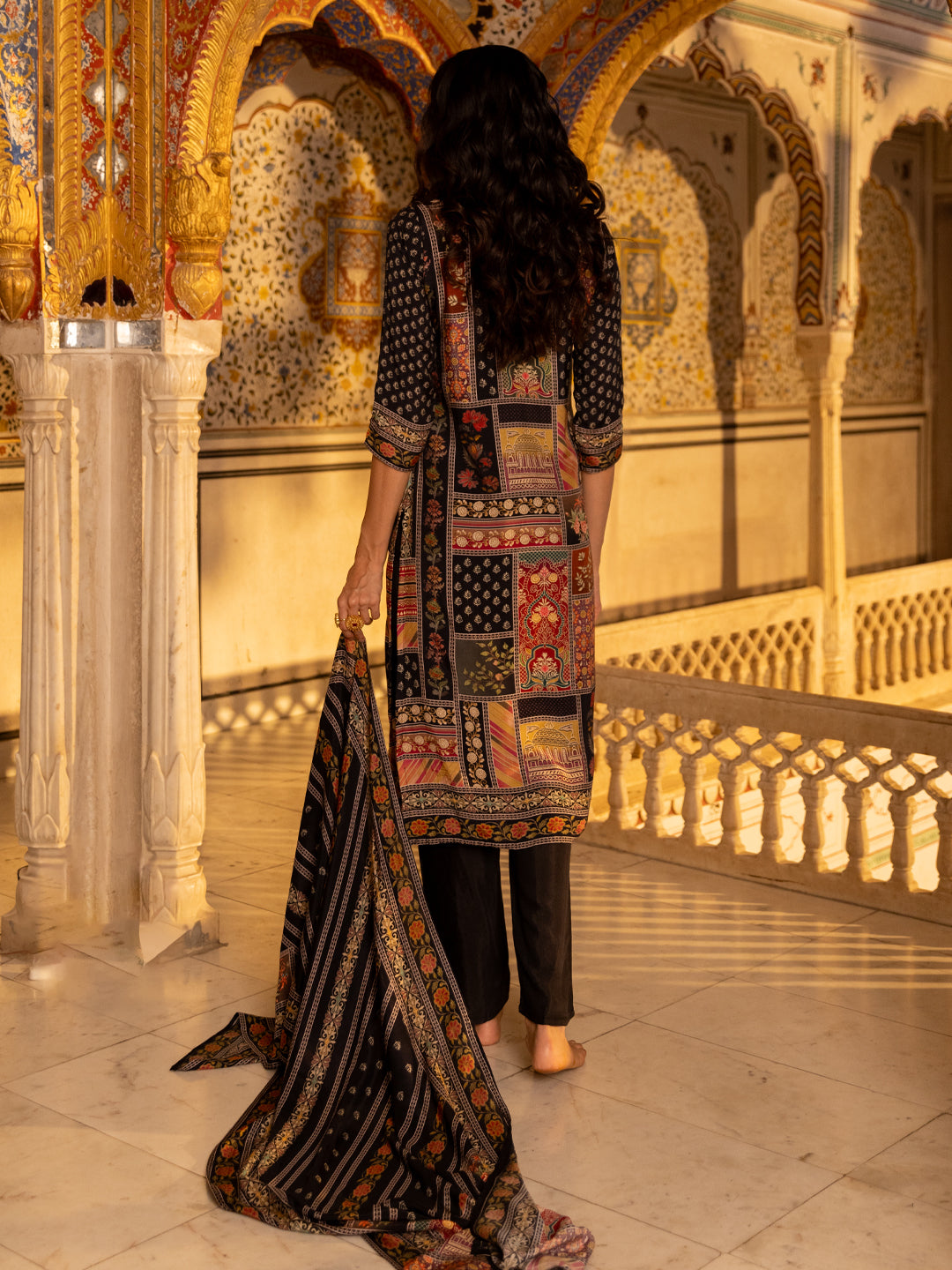 Ethnic Floral Printed & Embroidered Straight Kurta with Pant & Dupatta - Charcoal