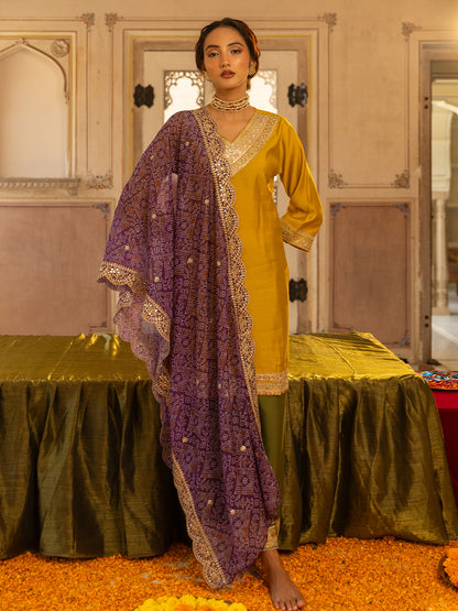 Solid Ethnic Embroidered Straight Fit Kurta with Palazzo and Bandhani Dupatta - Yellow