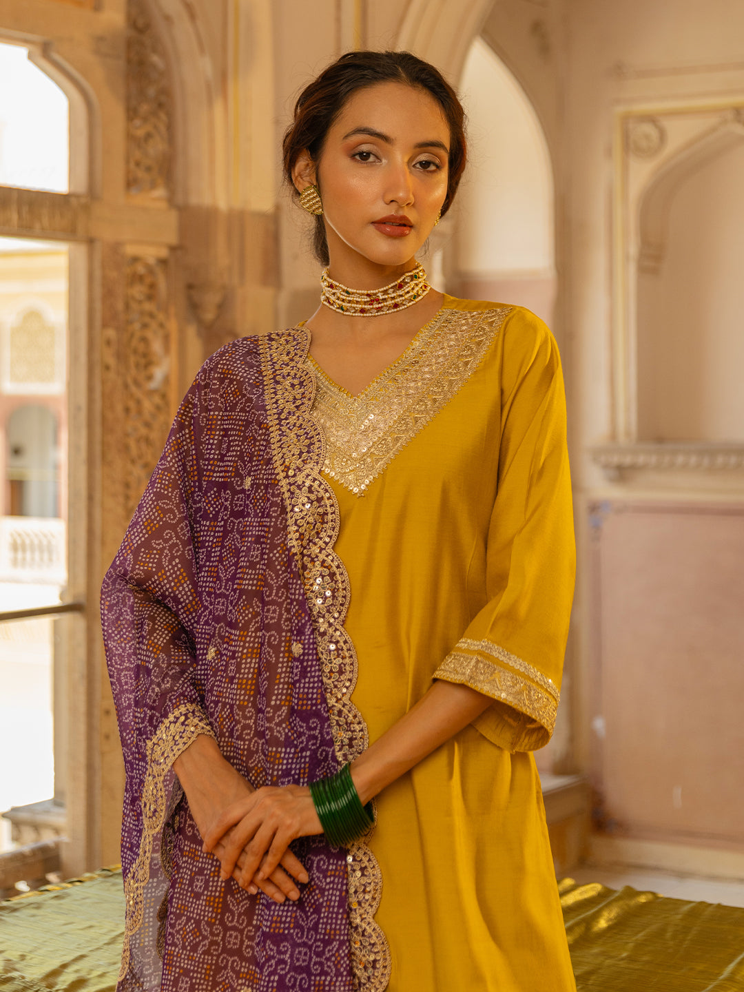 Solid Ethnic Embroidered Straight Fit Kurta with Palazzo and Bandhani Dupatta - Yellow