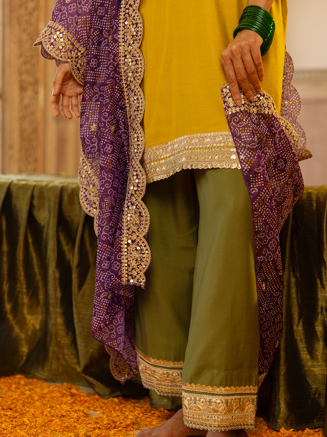 Solid Ethnic Embroidered Straight Fit Kurta with Palazzo and Bandhani Dupatta - Yellow