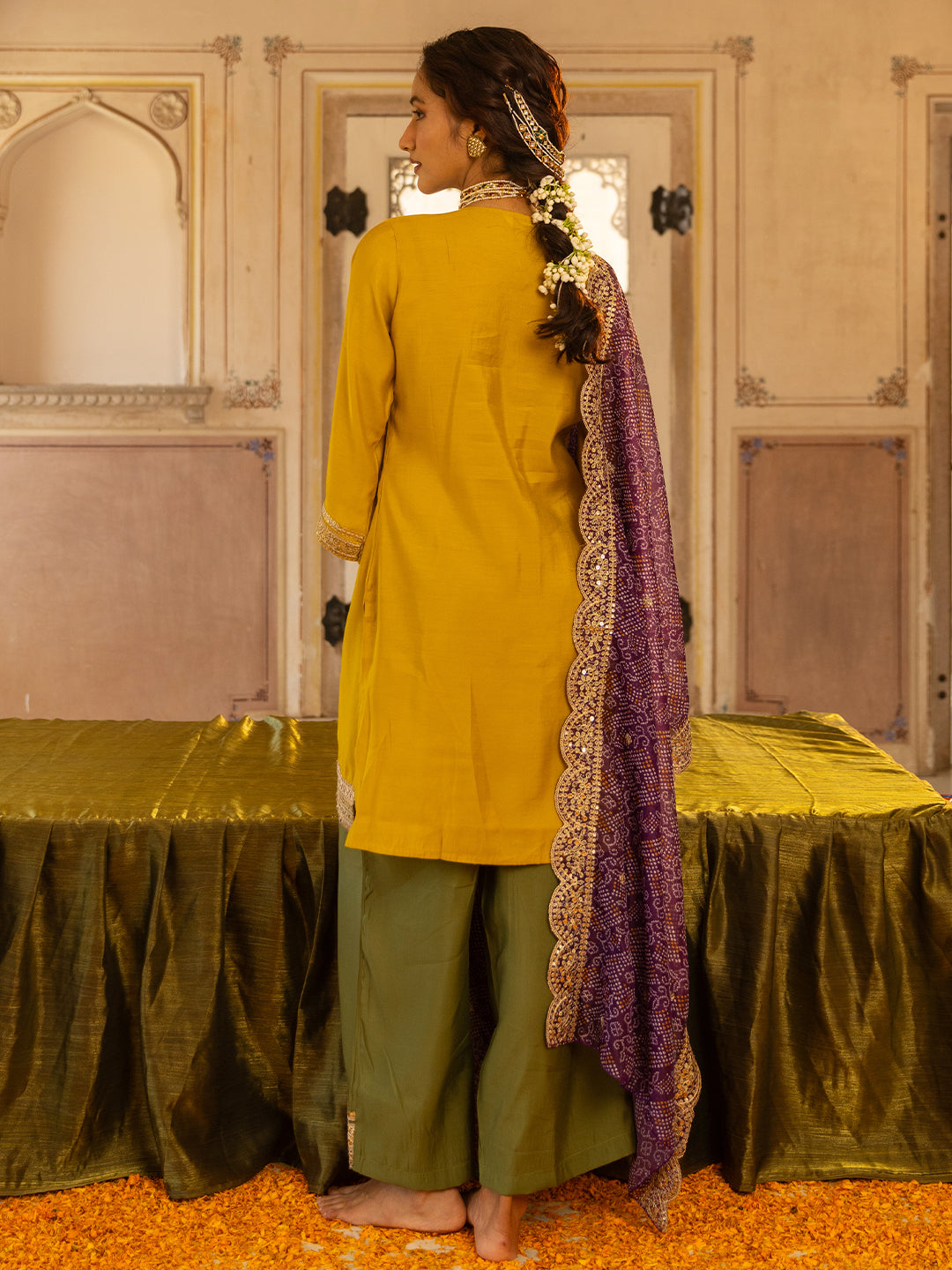 Solid Ethnic Embroidered Straight Fit Kurta with Palazzo and Bandhani Dupatta - Yellow