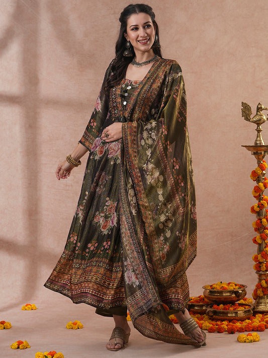 Ethnic Floral Printed A-Line Paneled Tissue Kurta with Pant & Dupatta - Green