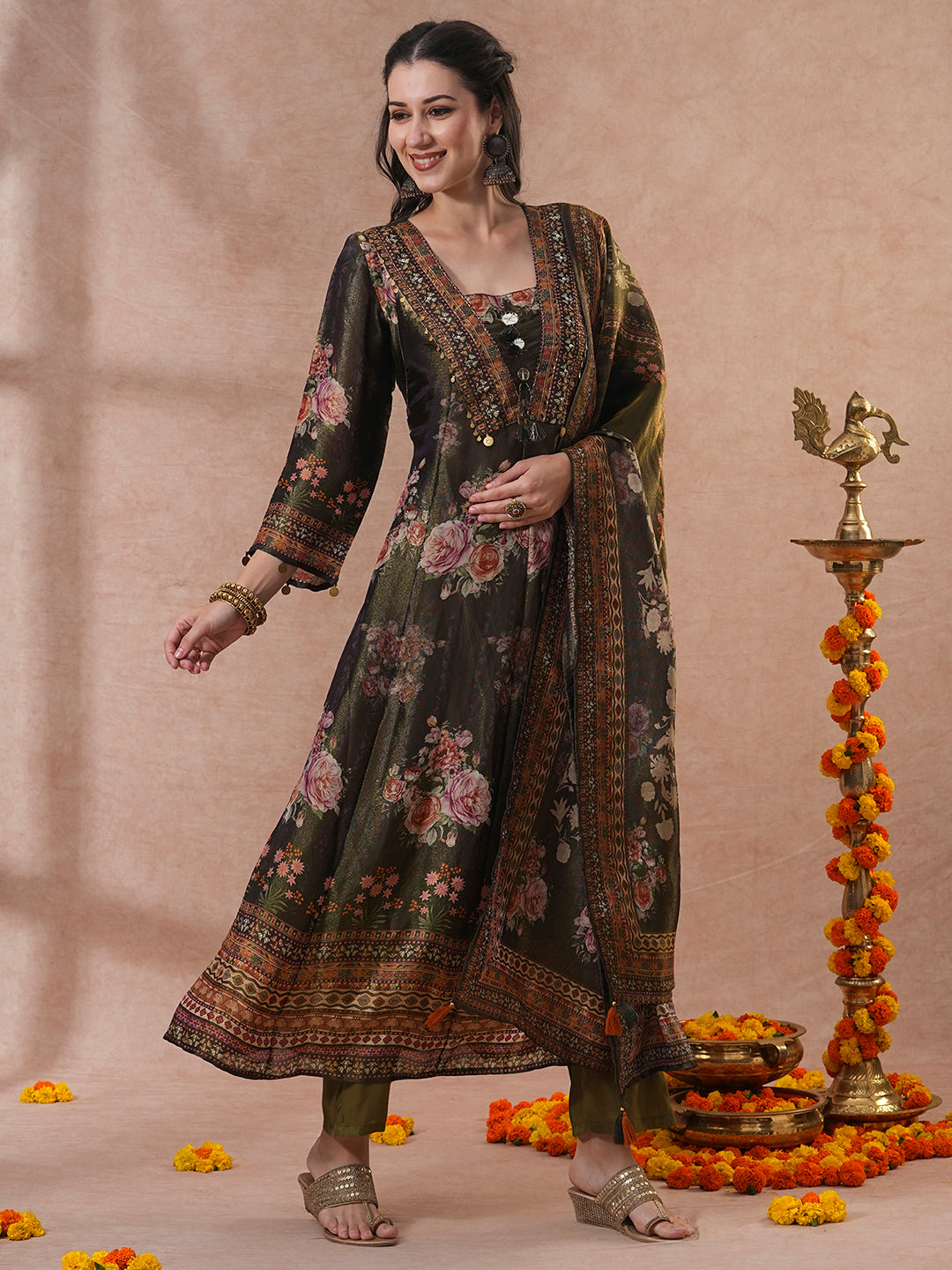 Ethnic Floral Printed A-Line Paneled Tissue Kurta with Pant & Dupatta - Green