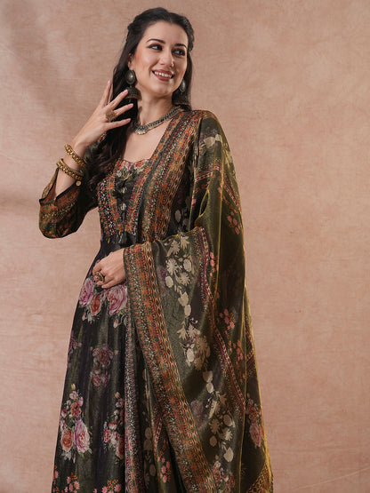 Ethnic Floral Printed A-Line Paneled Tissue Kurta with Pant & Dupatta - Green