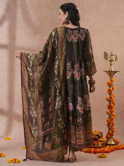 Ethnic Floral Printed A-Line Paneled Tissue Kurta with Pant & Dupatta - Green