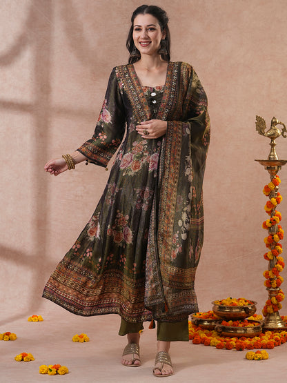 Ethnic Floral Printed A-Line Paneled Tissue Kurta with Pant & Dupatta - Green