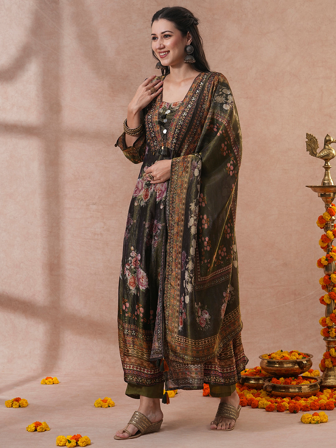 Ethnic Floral Printed A-Line Paneled Tissue Kurta with Pant & Dupatta - Green