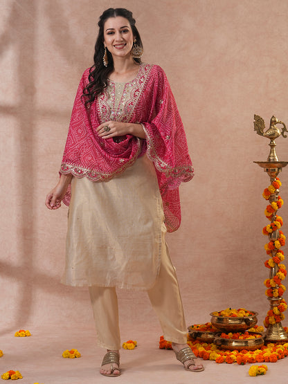 Floral Hand Embroidered Straight Kurta with Pants & Bandhani Dupatta - Cream