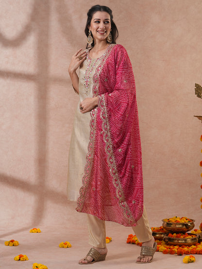 Floral Hand Embroidered Straight Kurta with Pants & Bandhani Dupatta - Cream