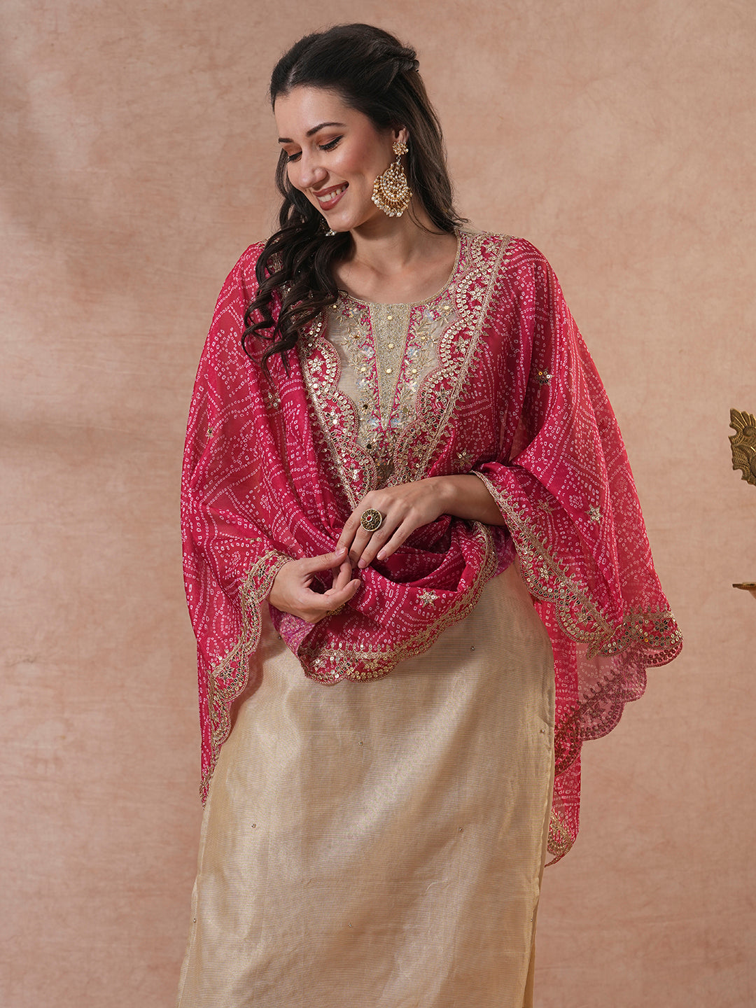 Floral Hand Embroidered Straight Kurta with Pants & Bandhani Dupatta - Cream