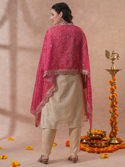 Floral Hand Embroidered Straight Kurta with Pants & Bandhani Dupatta - Cream