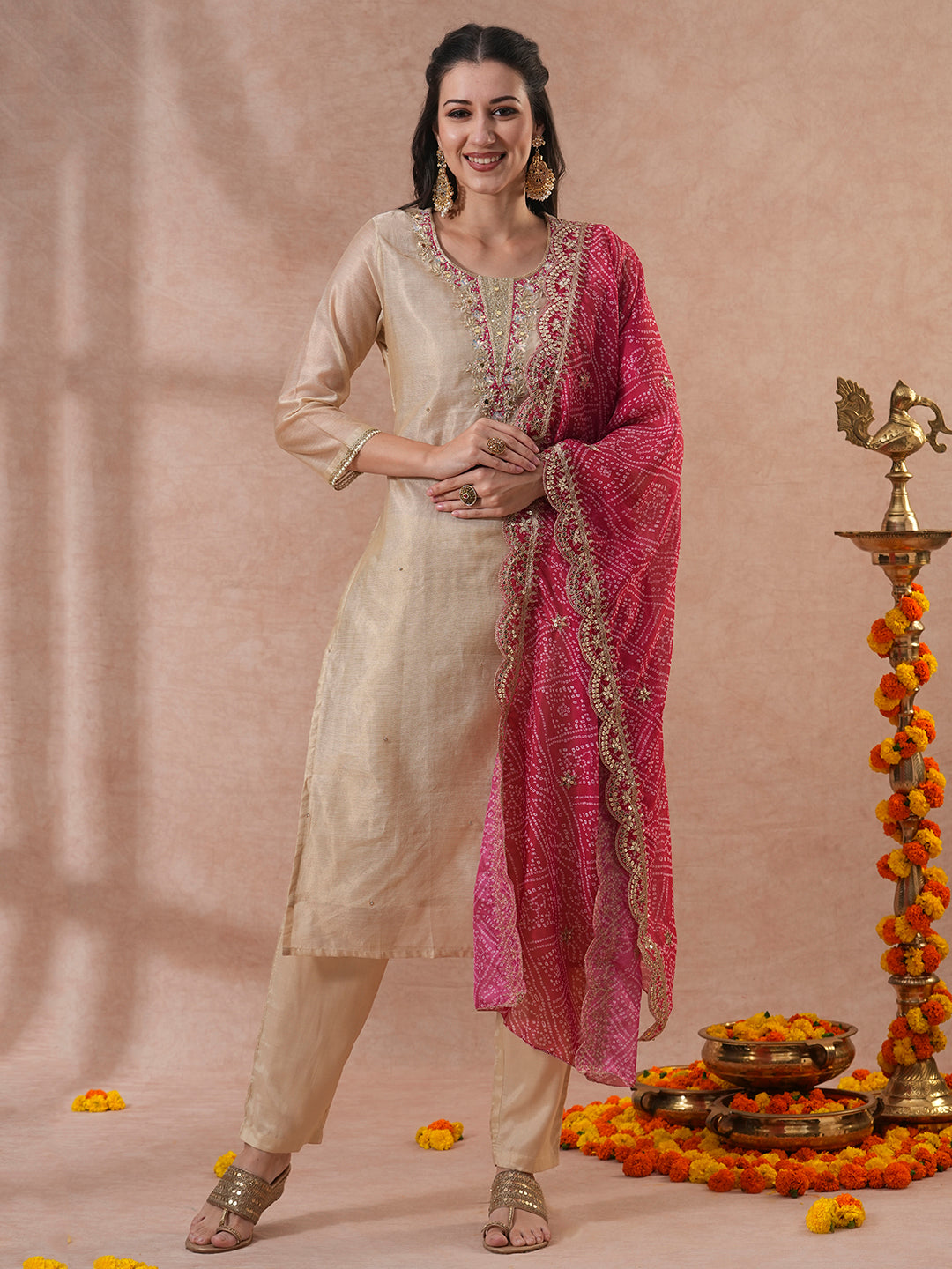 Floral Hand Embroidered Straight Kurta with Pants & Bandhani Dupatta - Cream