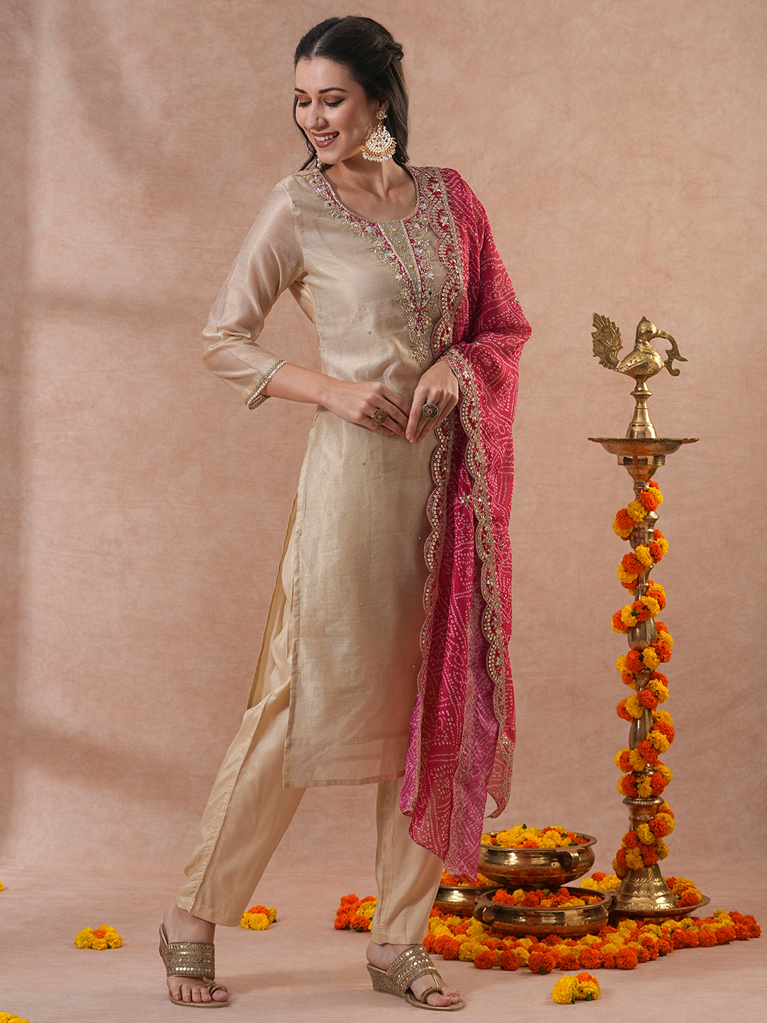 Floral Hand Embroidered Straight Kurta with Pants & Bandhani Dupatta - Cream