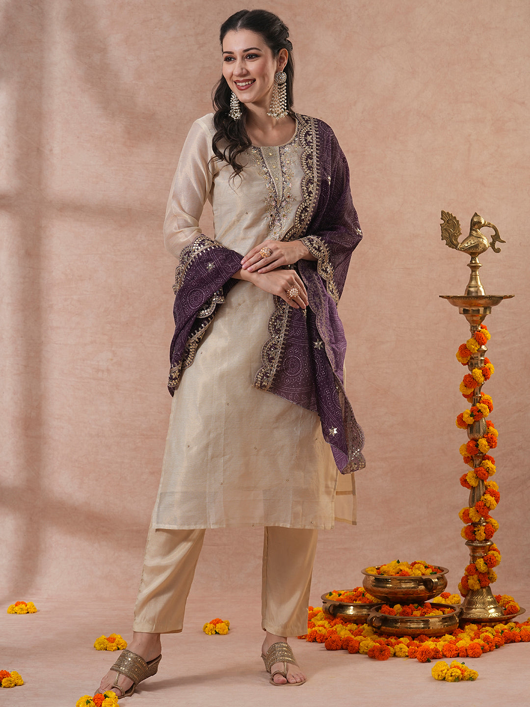 Floral Hand Embroidered Straight Kurta with Pants & Bandhani Dupatta - Cream