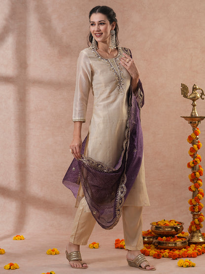 Floral Hand Embroidered Straight Kurta with Pants & Bandhani Dupatta - Cream