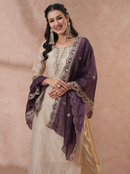 Floral Hand Embroidered Straight Kurta with Pants & Bandhani Dupatta - Cream