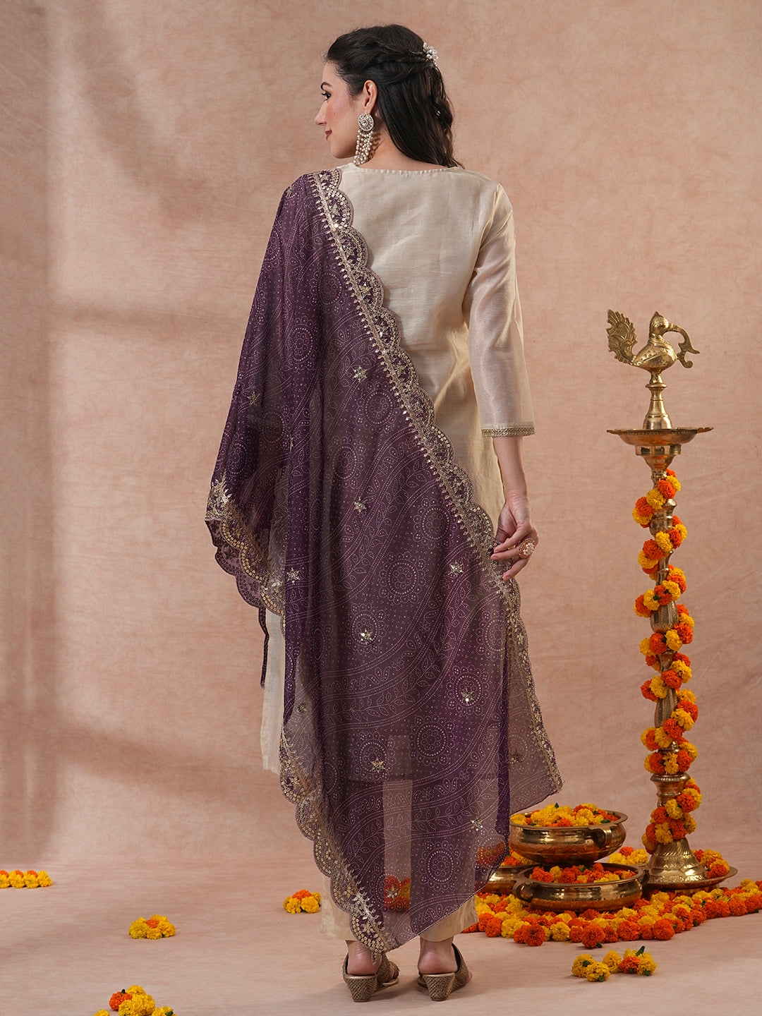 Floral Hand Embroidered Straight Kurta with Pants & Bandhani Dupatta - Cream