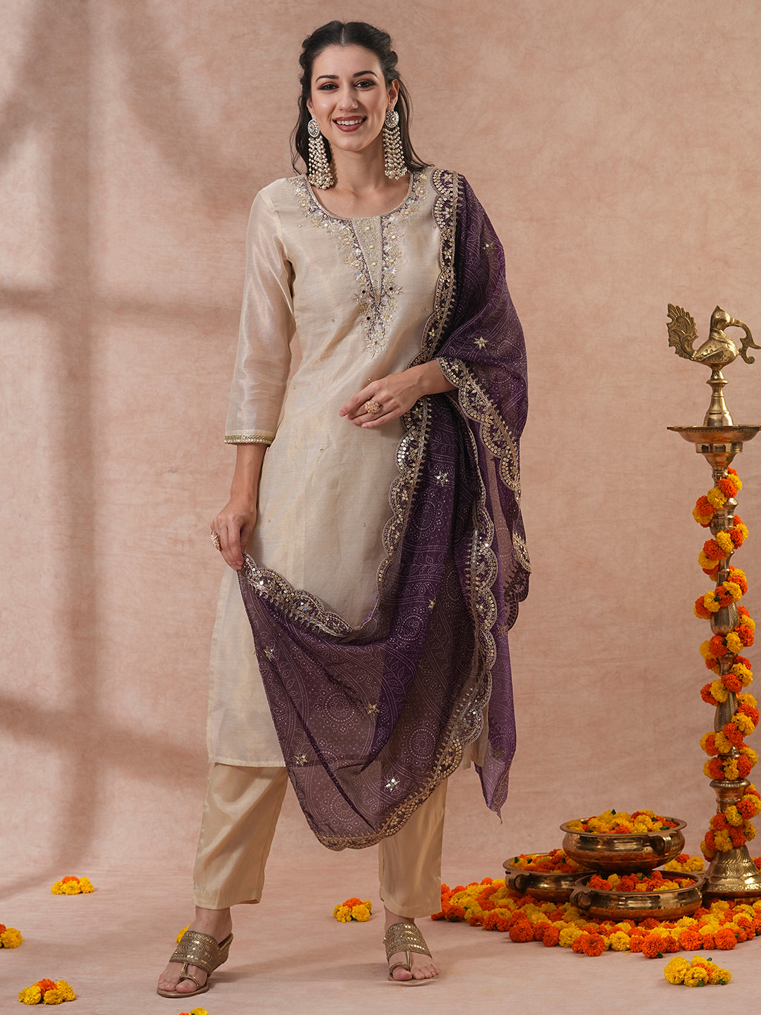 Floral Hand Embroidered Straight Kurta with Pants & Bandhani Dupatta - Cream