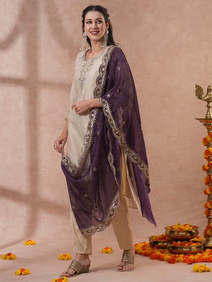 Floral Hand Embroidered Straight Kurta with Pants & Bandhani Dupatta - Cream