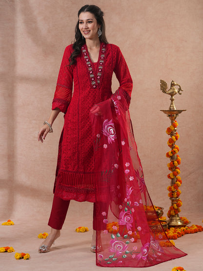 Chikankari Embroidered Straight Fit Kurta with Pant and Hand Painted Dupatta - Red