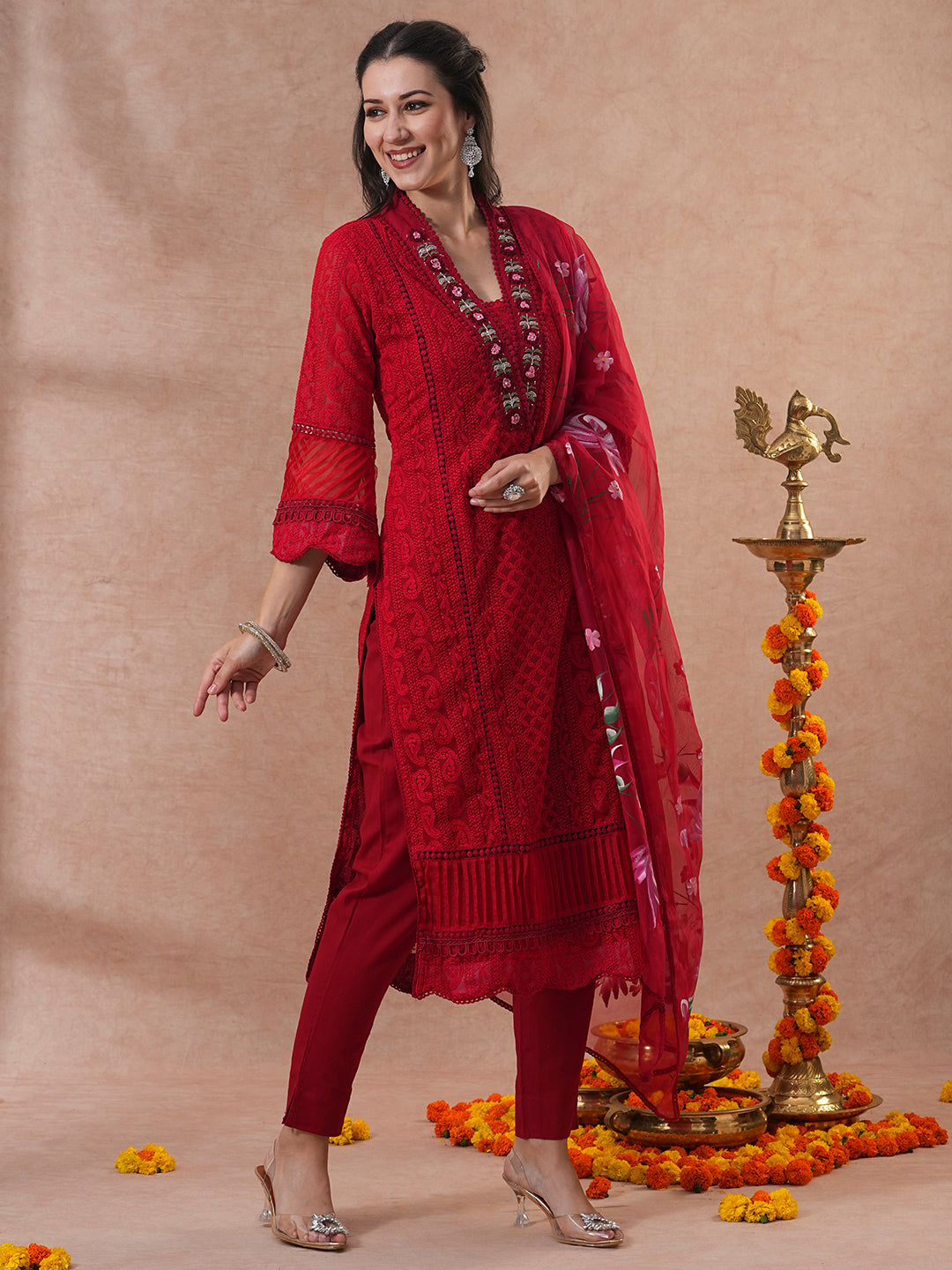 Chikankari Embroidered Straight Fit Kurta with Pant and Hand Painted Dupatta - Red