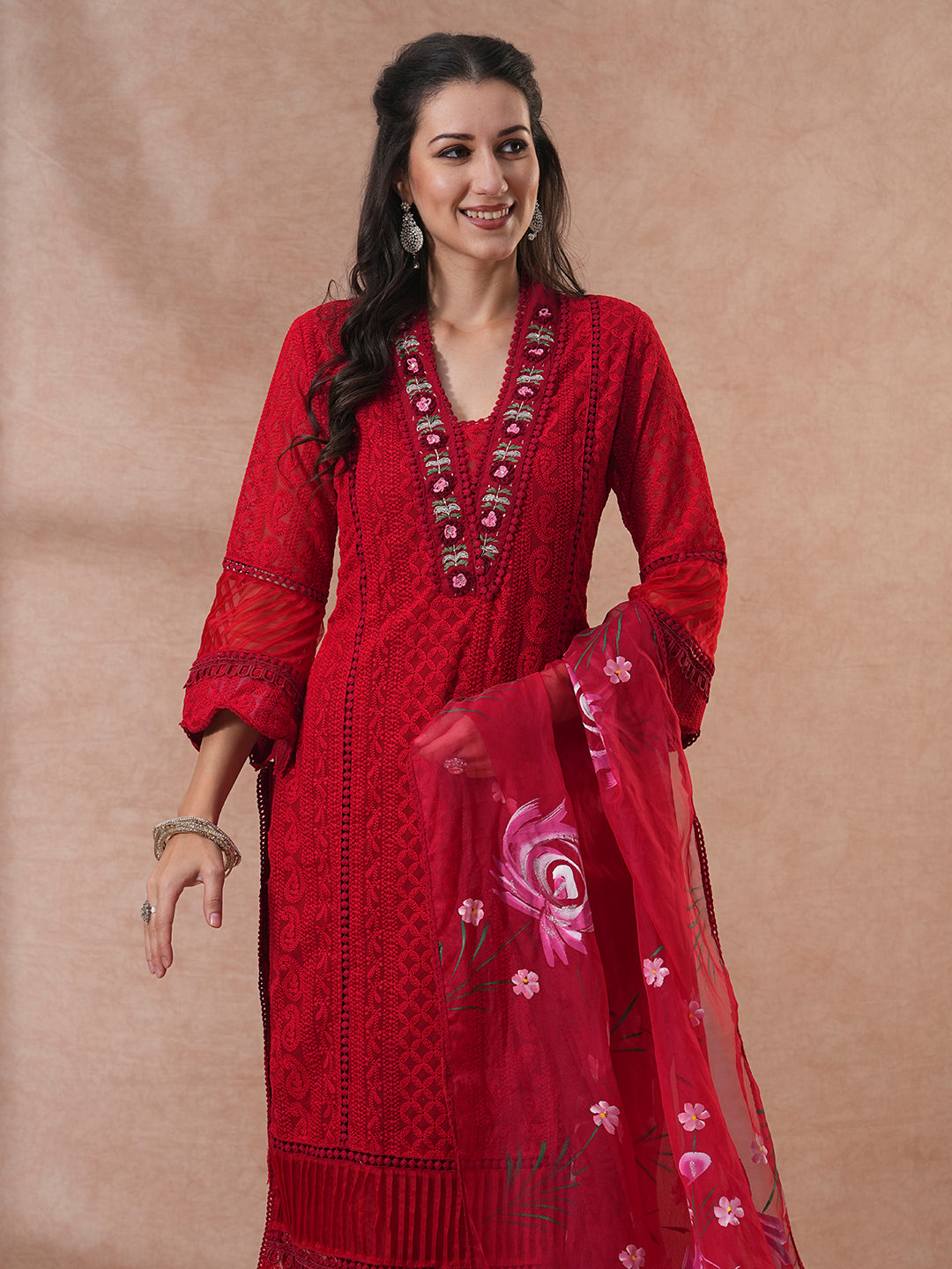 Chikankari Embroidered Straight Fit Kurta with Pant and Hand Painted Dupatta - Red