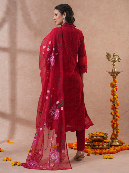 Chikankari Embroidered Straight Fit Kurta with Pant and Hand Painted Dupatta - Red