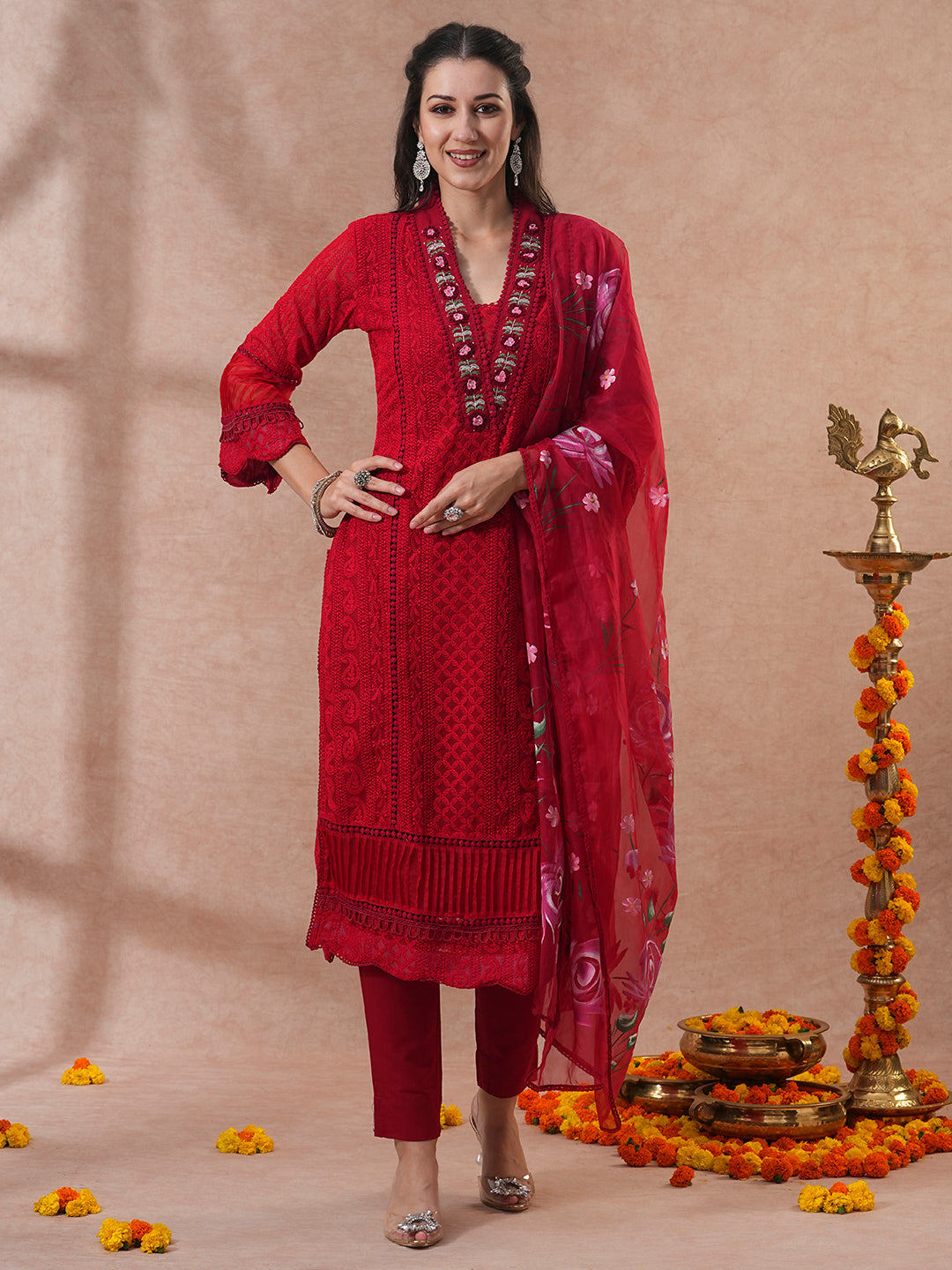 Chikankari Embroidered Straight Fit Kurta with Pant and Hand Painted Dupatta - Red