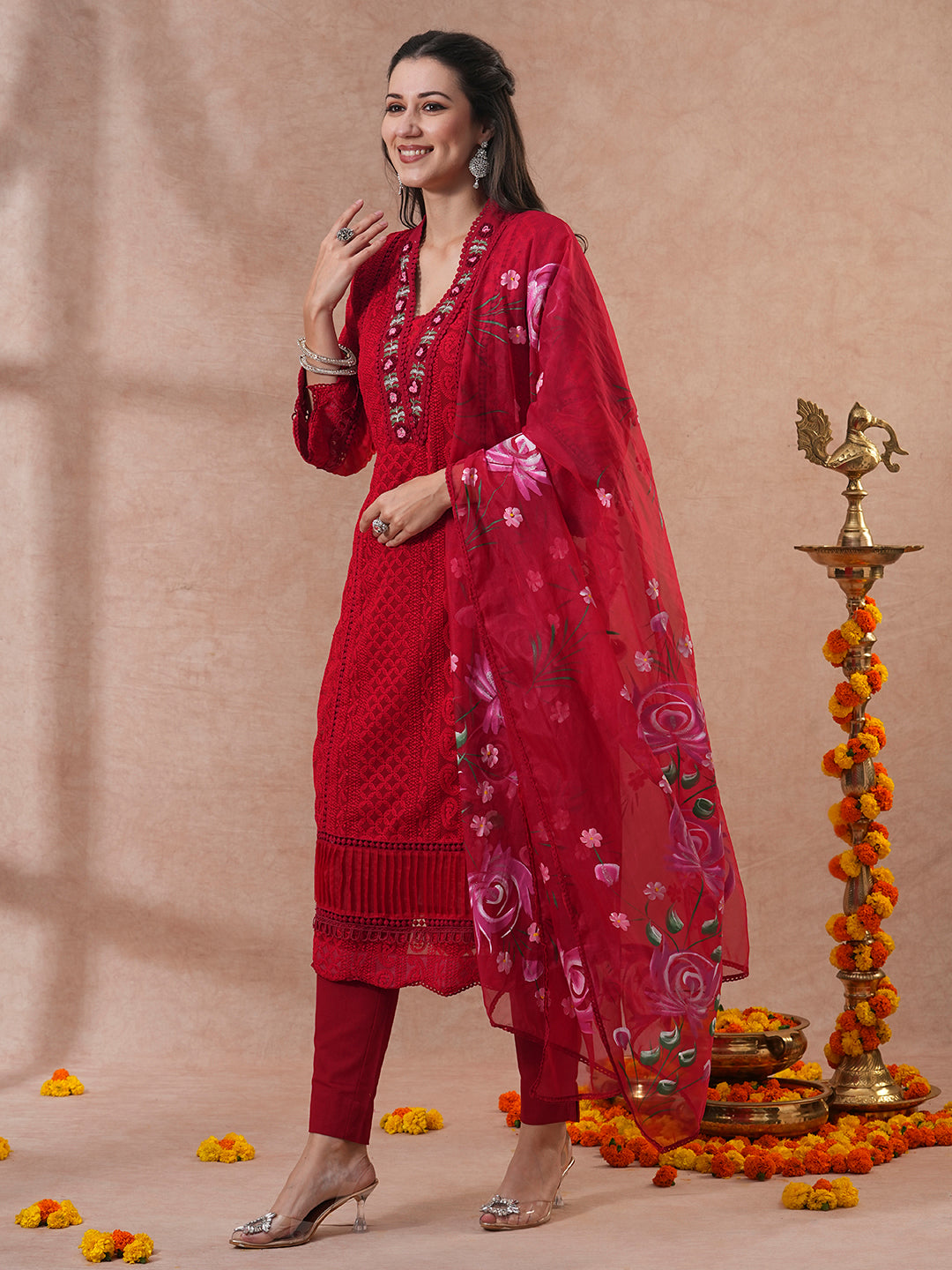 Chikankari Embroidered Straight Fit Kurta with Pant and Hand Painted Dupatta - Red